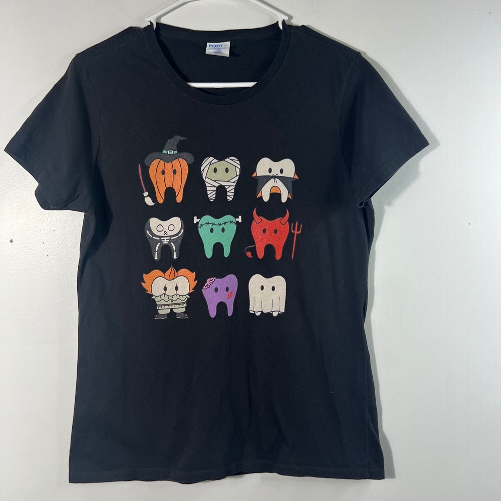 Womens Port‎ & Company Halloween Cotton Tee Shirt Dentist Teeth Costumes Black M